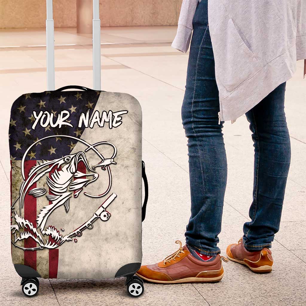 Personalized Distressed American Flag Bass Fishing Luggage Cover Hooked Fish and Rustic Vintage Theme TS04