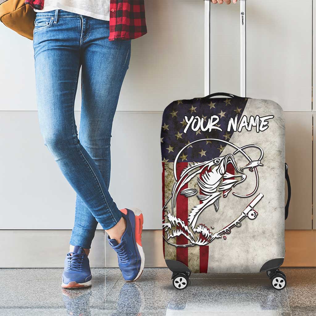 Personalized Distressed American Flag Bass Fishing Luggage Cover Hooked Fish and Rustic Vintage Theme TS04