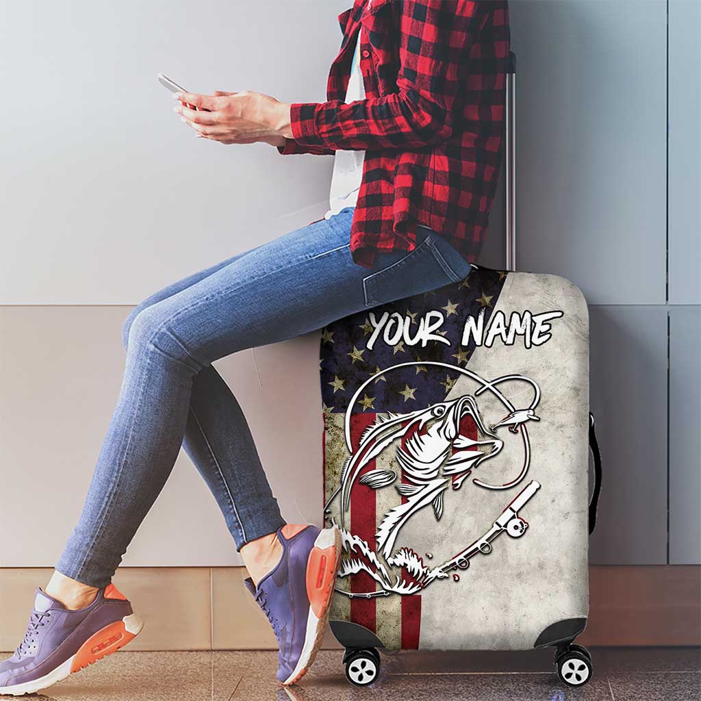 Personalized Distressed American Flag Bass Fishing Luggage Cover Hooked Fish and Rustic Vintage Theme TS04