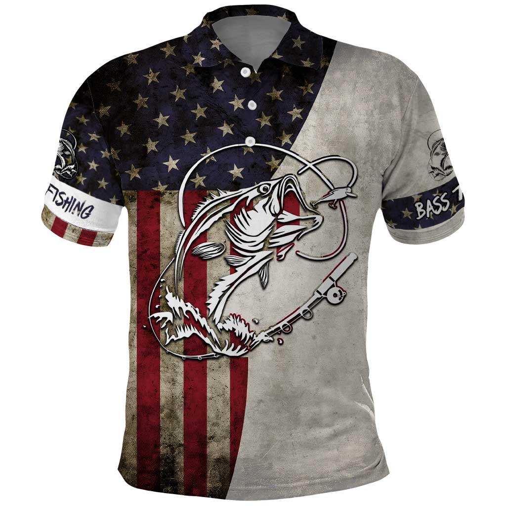 Personalized Distressed American Flag Bass Fishing Polo Shirt Hooked Fish and Rustic Vintage Theme TS04