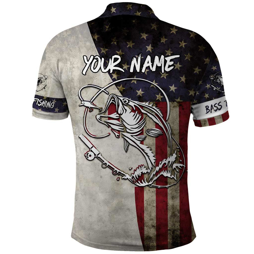 Personalized Distressed American Flag Bass Fishing Polo Shirt Hooked Fish and Rustic Vintage Theme TS04