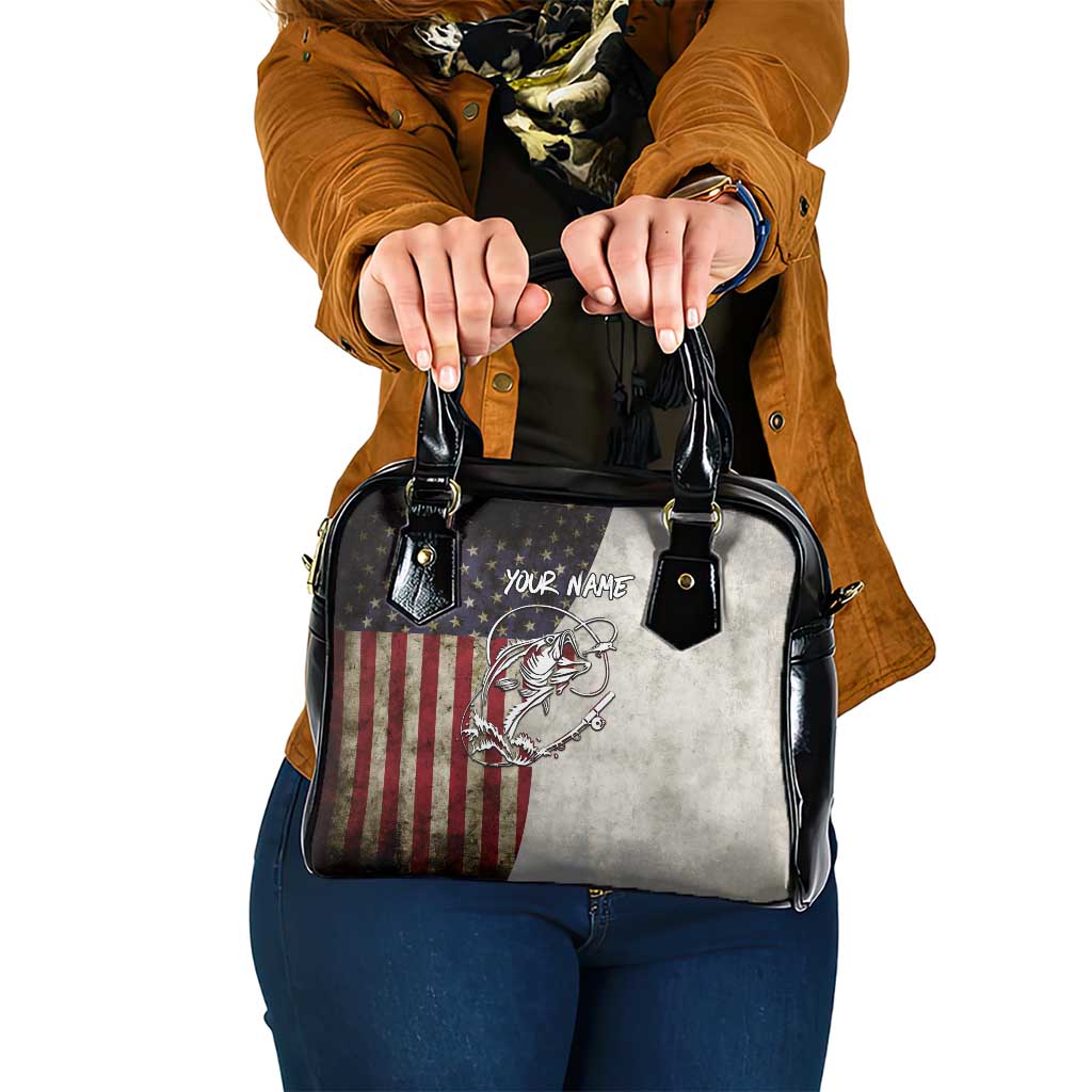Personalized Distressed American Flag Bass Fishing Shoulder Handbag Hooked Fish and Rustic Vintage Theme TS04