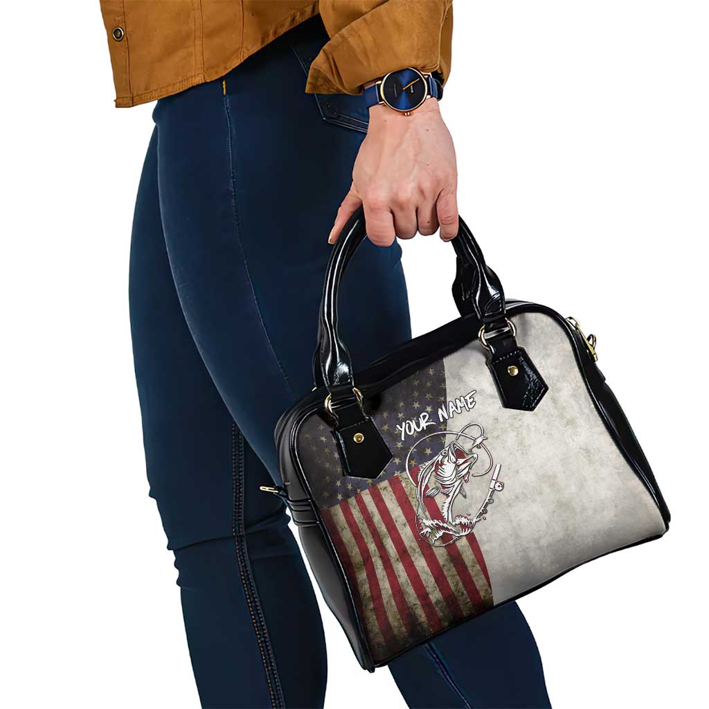 Personalized Distressed American Flag Bass Fishing Shoulder Handbag Hooked Fish and Rustic Vintage Theme TS04