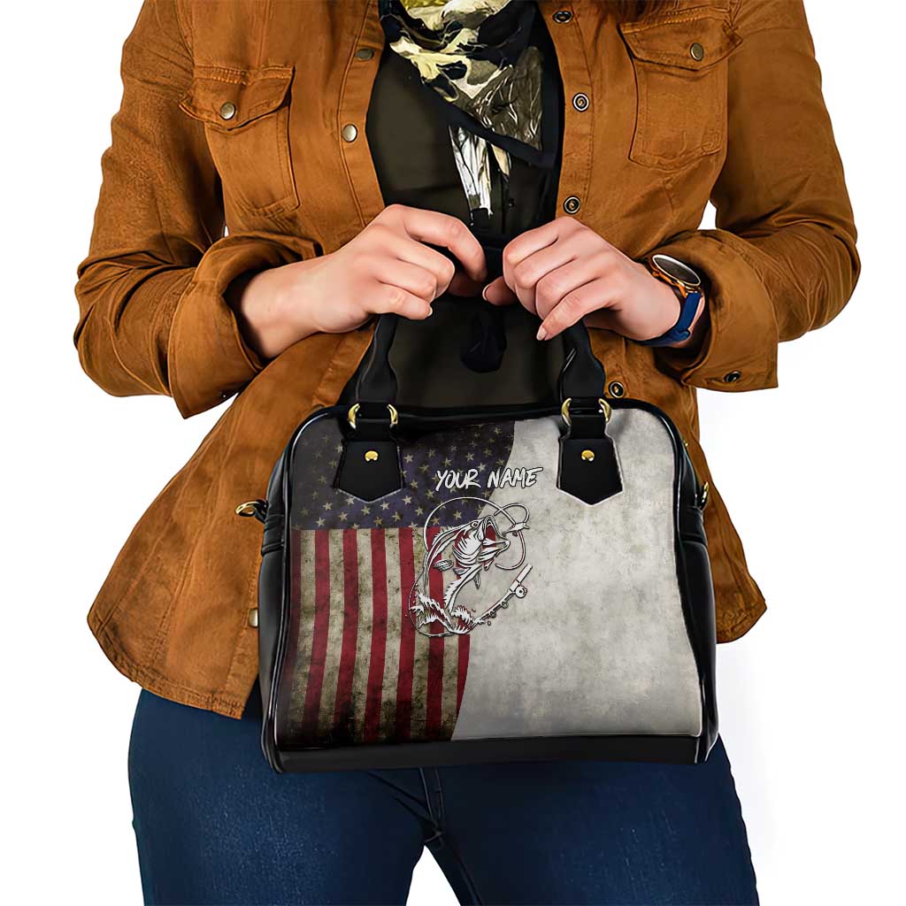 Personalized Distressed American Flag Bass Fishing Shoulder Handbag Hooked Fish and Rustic Vintage Theme TS04