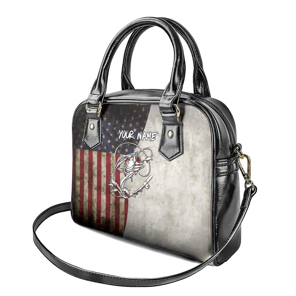 Personalized Distressed American Flag Bass Fishing Shoulder Handbag Hooked Fish and Rustic Vintage Theme TS04