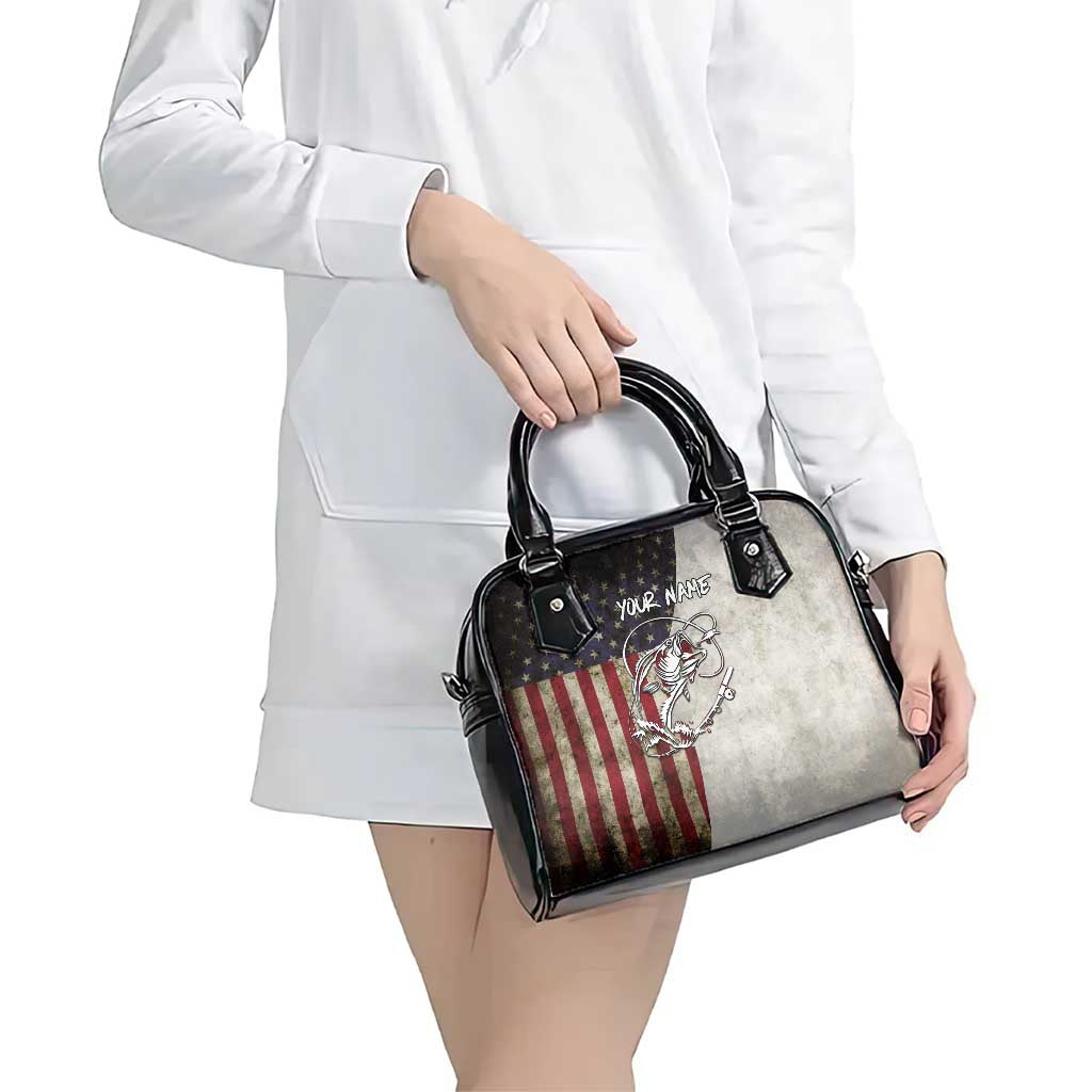 Personalized Distressed American Flag Bass Fishing Shoulder Handbag Hooked Fish and Rustic Vintage Theme TS04