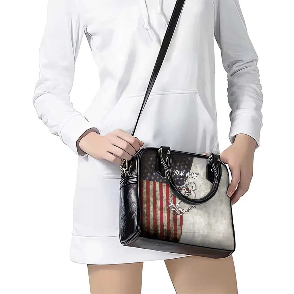 Personalized Distressed American Flag Bass Fishing Shoulder Handbag Hooked Fish and Rustic Vintage Theme TS04