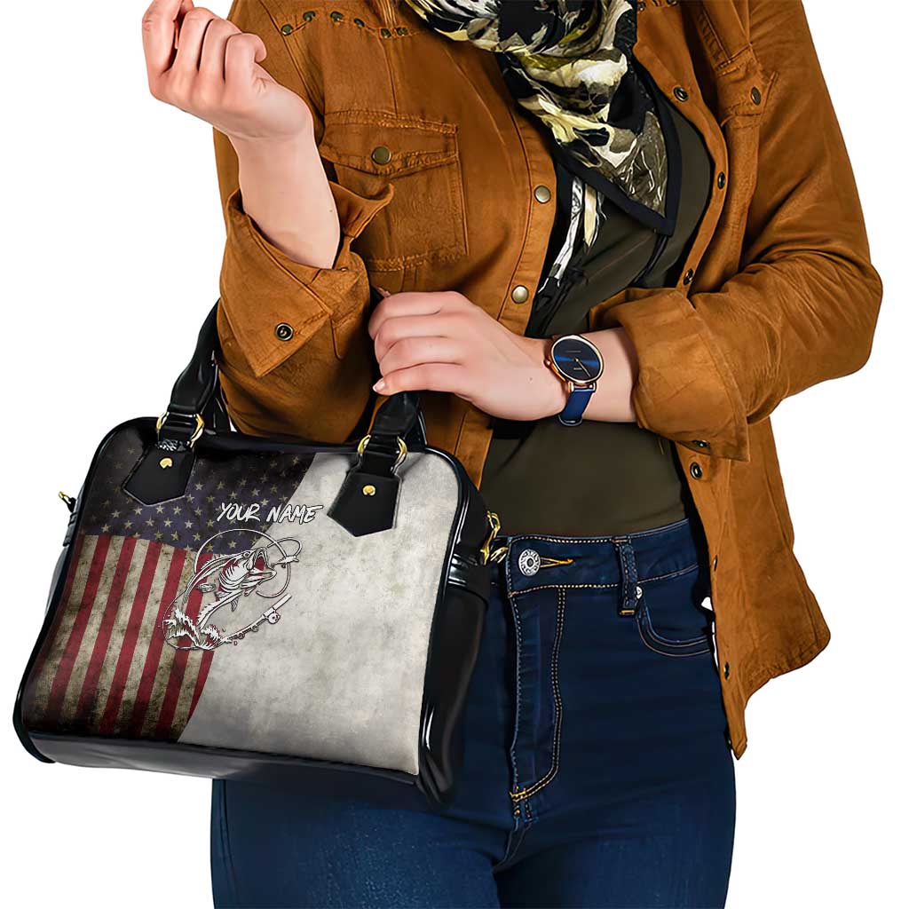 Personalized Distressed American Flag Bass Fishing Shoulder Handbag Hooked Fish and Rustic Vintage Theme TS04