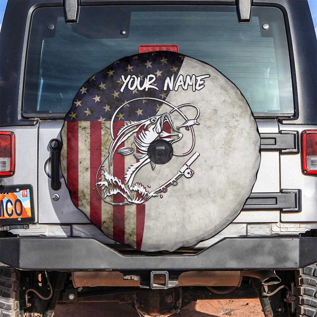 Personalized Distressed American Flag Bass Fishing Spare Tire Cover Hooked Fish and Rustic Vintage Theme TS04