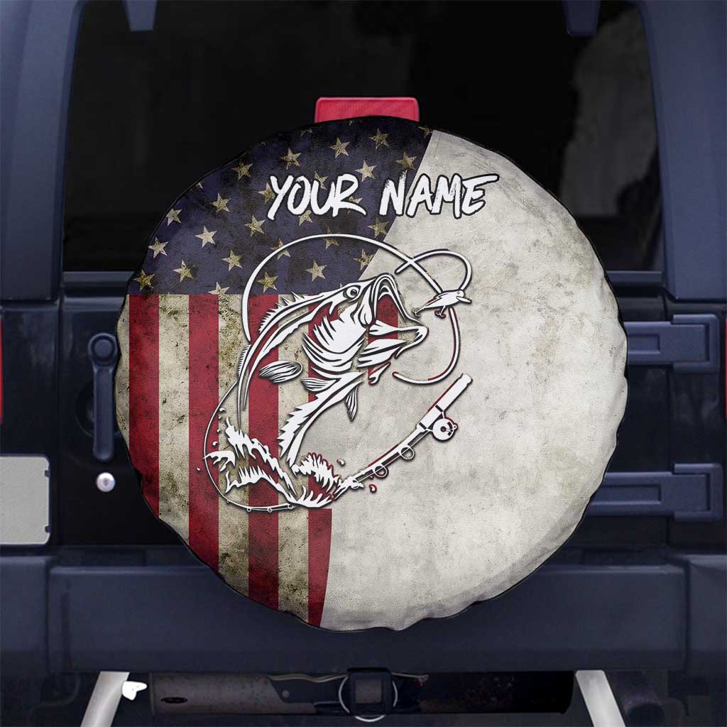 Personalized Distressed American Flag Bass Fishing Spare Tire Cover Hooked Fish and Rustic Vintage Theme TS04
