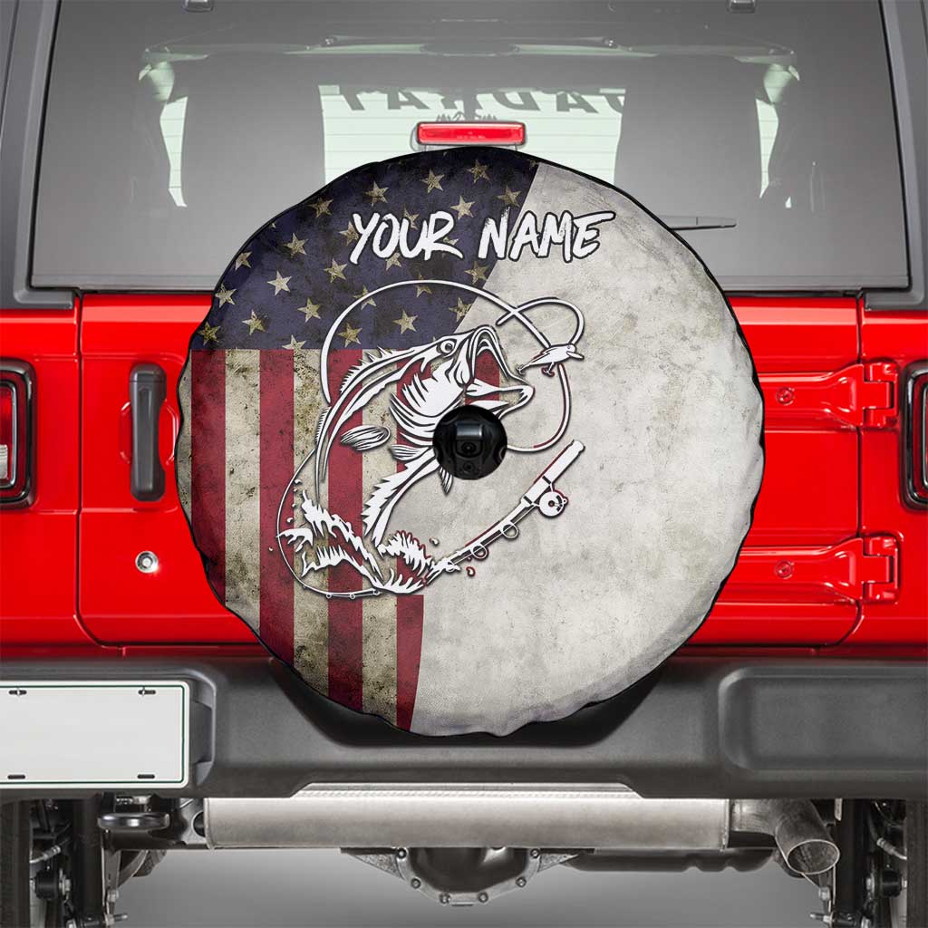 Personalized Distressed American Flag Bass Fishing Spare Tire Cover Hooked Fish and Rustic Vintage Theme TS04