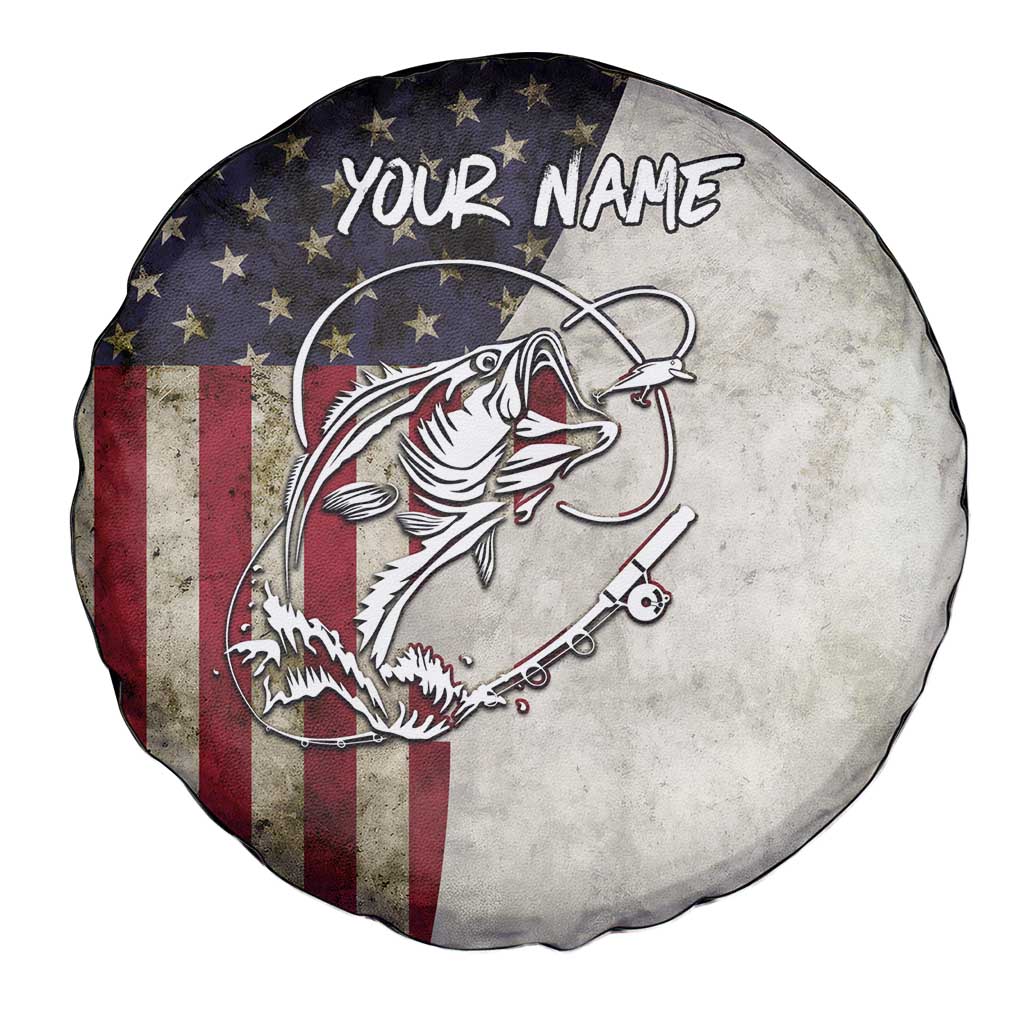 Personalized Distressed American Flag Bass Fishing Spare Tire Cover Hooked Fish and Rustic Vintage Theme TS04