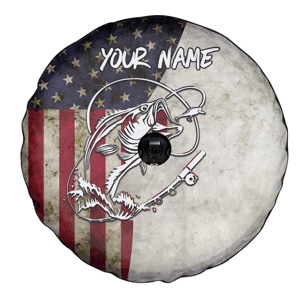 Personalized Distressed American Flag Bass Fishing Spare Tire Cover Hooked Fish and Rustic Vintage Theme TS04