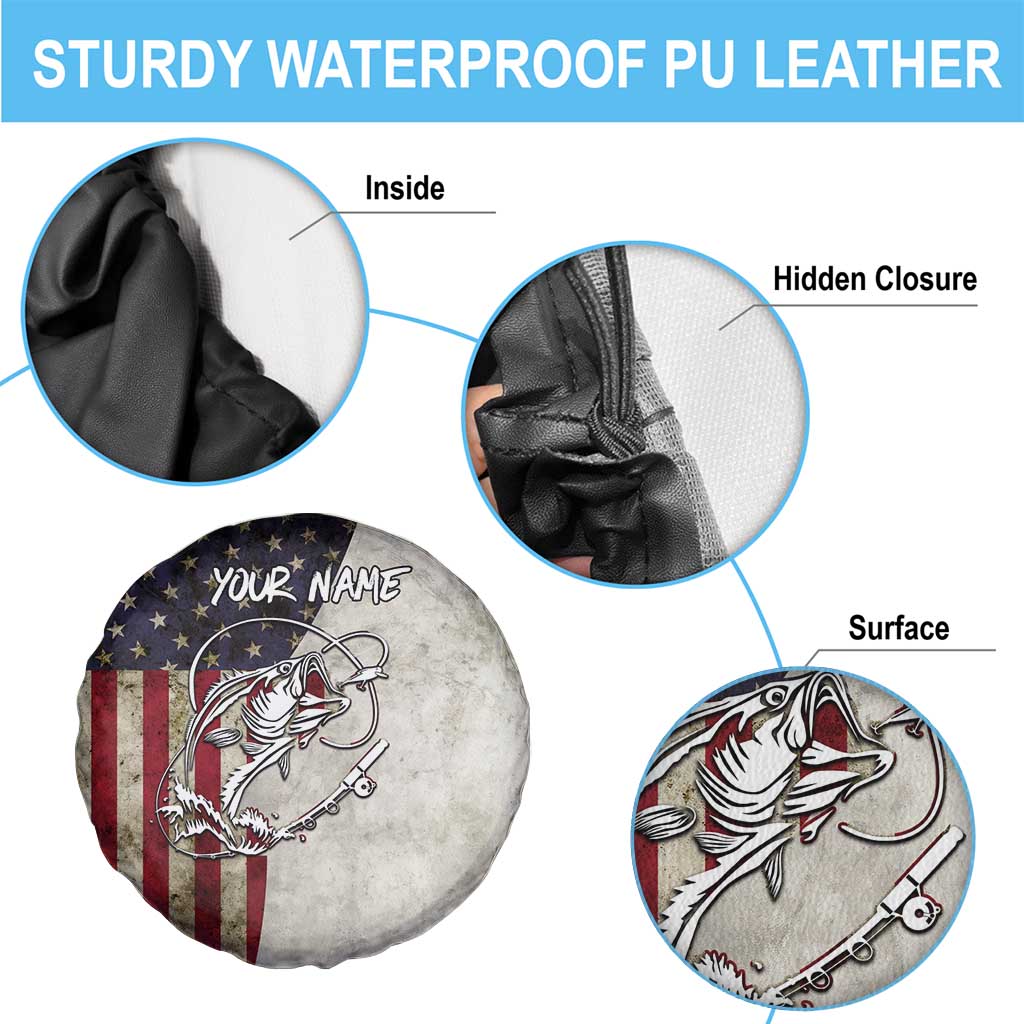 Personalized Distressed American Flag Bass Fishing Spare Tire Cover Hooked Fish and Rustic Vintage Theme TS04