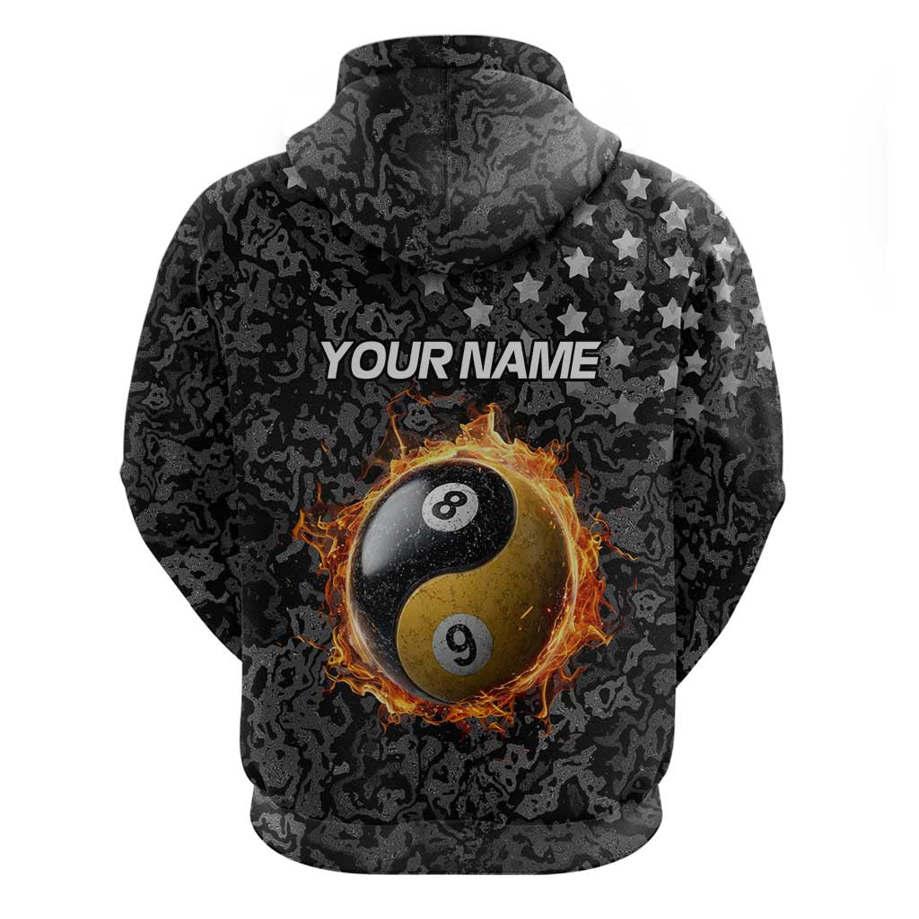 Personalized Yin Yang Billiards Hoodie 8 Ball and 9 Ball in Fiery Black Camo Pattern TS04