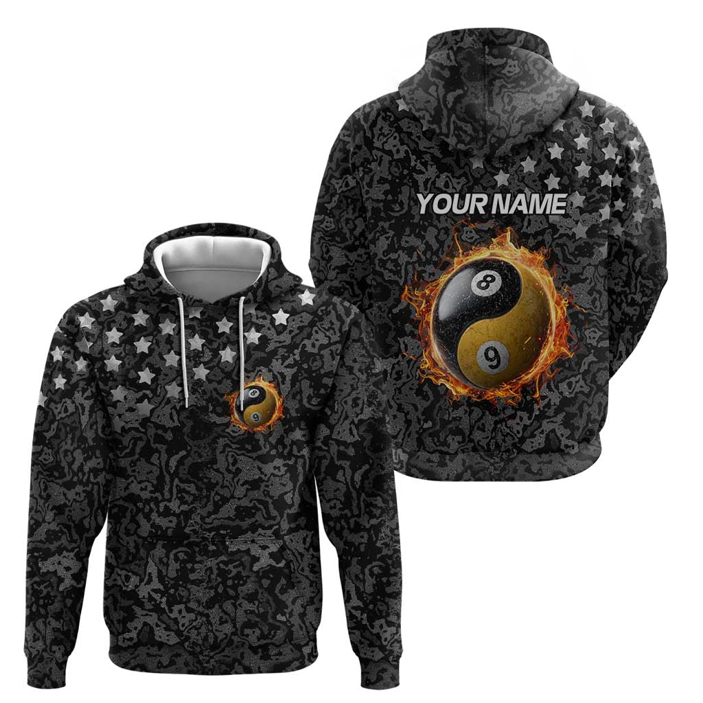 Personalized Yin Yang Billiards Hoodie 8 Ball and 9 Ball in Fiery Black Camo Pattern TS04