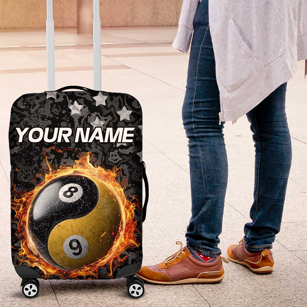Personalized Yin Yang Billiards Luggage Cover 8 Ball and 9 Ball in Fiery Black Camo Pattern TS04