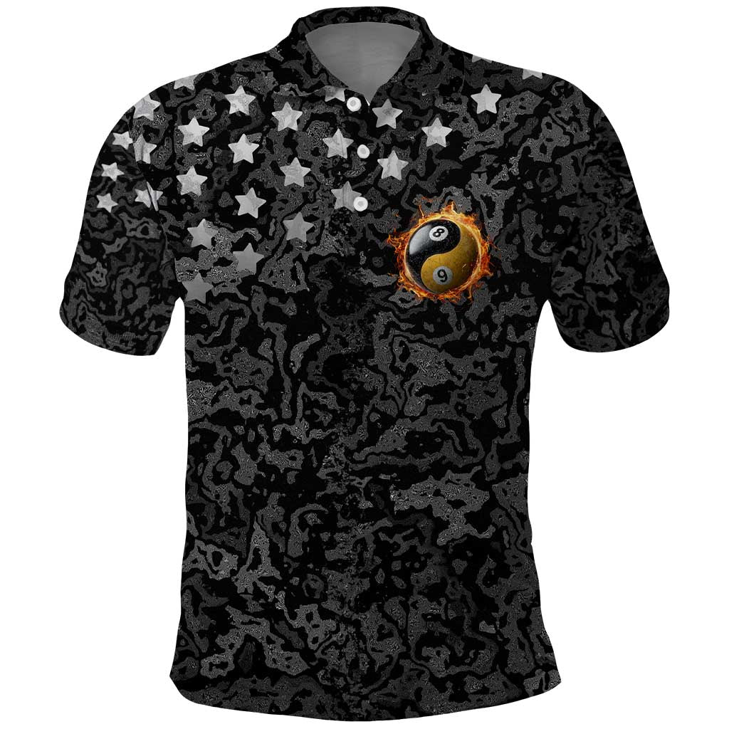 Personalized Yin Yang Billiards Polo Shirt 8 Ball and 9 Ball in Fiery Black Camo Pattern TS04