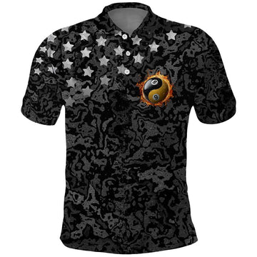 Personalized Yin Yang Billiards Polo Shirt 8 Ball and 9 Ball in Fiery Black Camo Pattern TS04