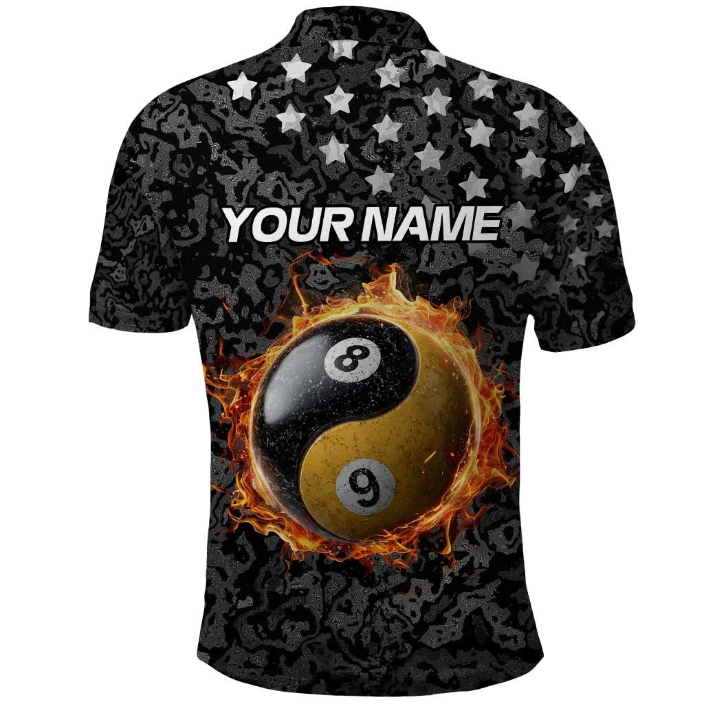 Personalized Yin Yang Billiards Polo Shirt 8 Ball and 9 Ball in Fiery Black Camo Pattern TS04