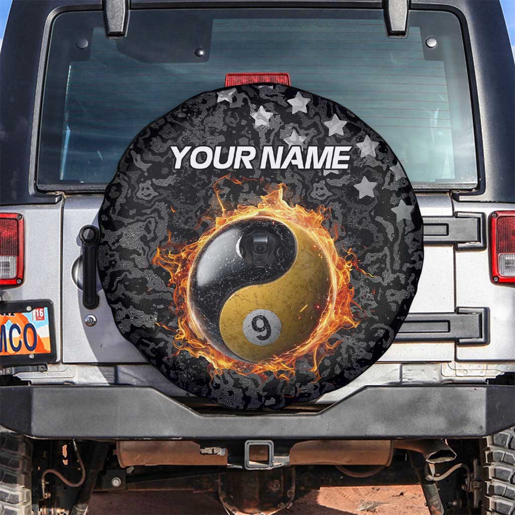 Personalized Yin Yang Billiards Spare Tire Cover 8 Ball and 9 Ball in Fiery Black Camo Pattern TS04