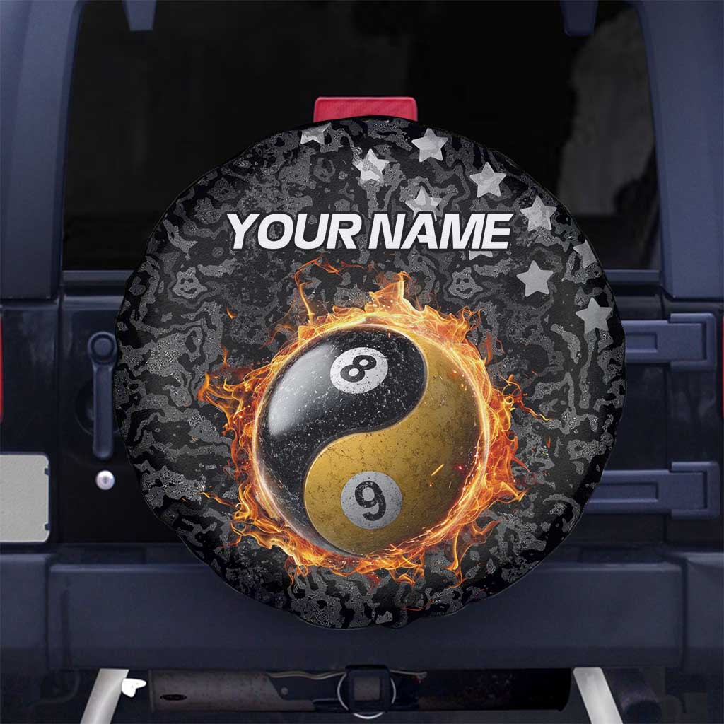 Personalized Yin Yang Billiards Spare Tire Cover 8 Ball and 9 Ball in Fiery Black Camo Pattern TS04