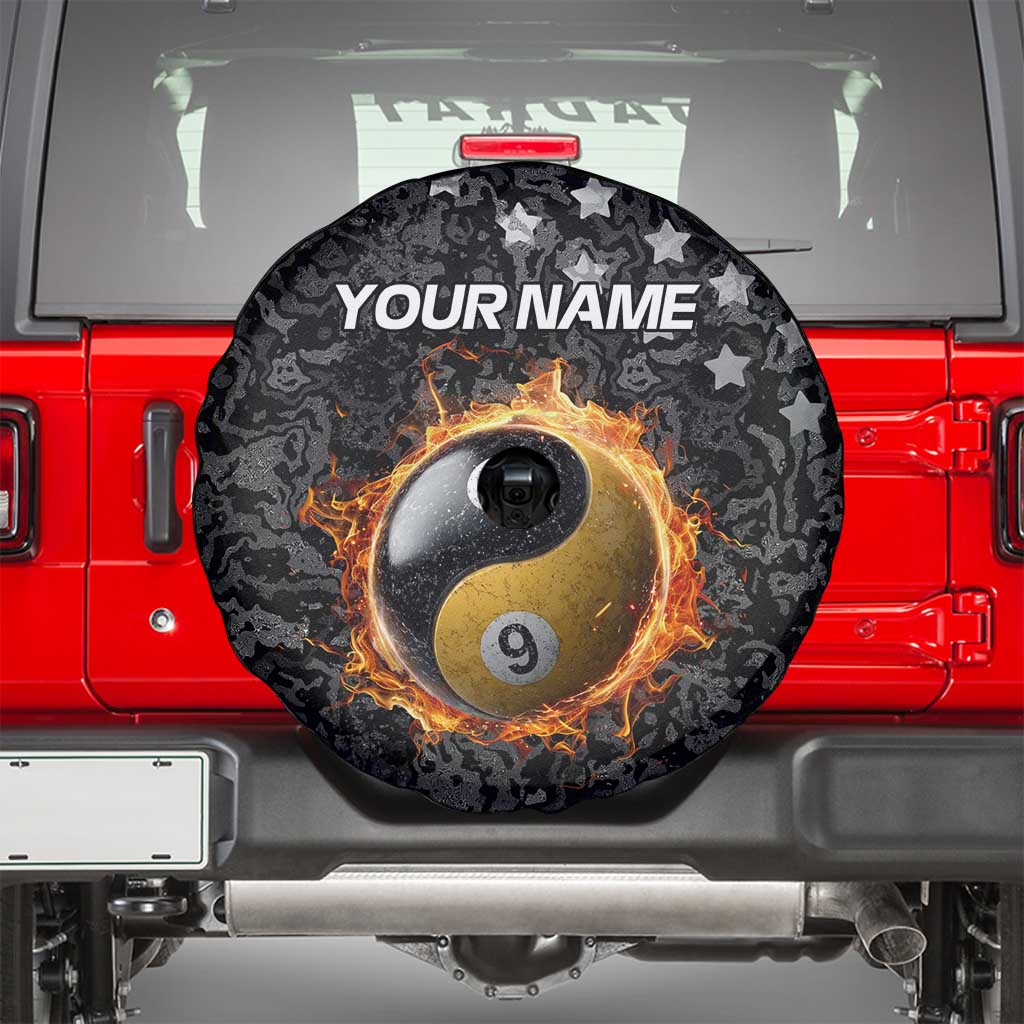 Personalized Yin Yang Billiards Spare Tire Cover 8 Ball and 9 Ball in Fiery Black Camo Pattern TS04