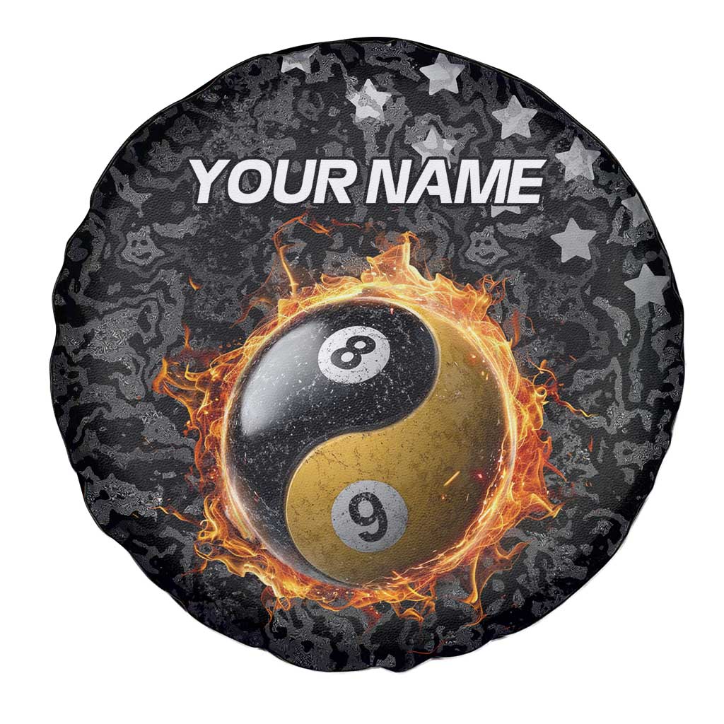 Personalized Yin Yang Billiards Spare Tire Cover 8 Ball and 9 Ball in Fiery Black Camo Pattern TS04