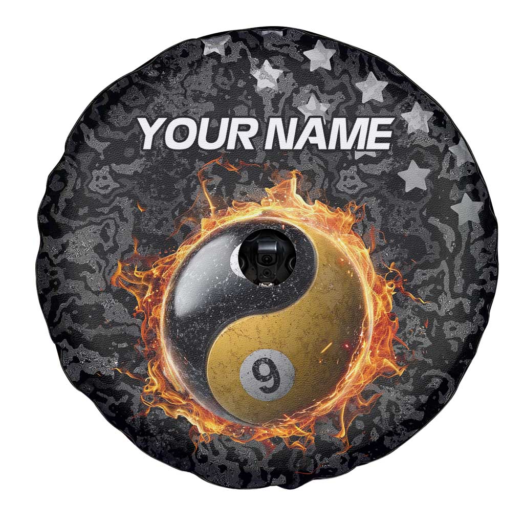 Personalized Yin Yang Billiards Spare Tire Cover 8 Ball and 9 Ball in Fiery Black Camo Pattern TS04