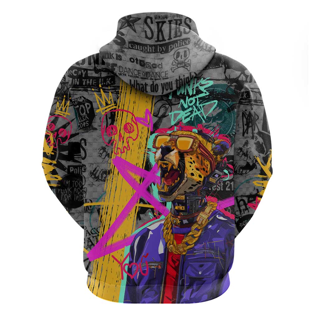 Punk Cheetah Graffiti Hoodie with Punk Not Dead Street Art and Neon Jungle Design TS04