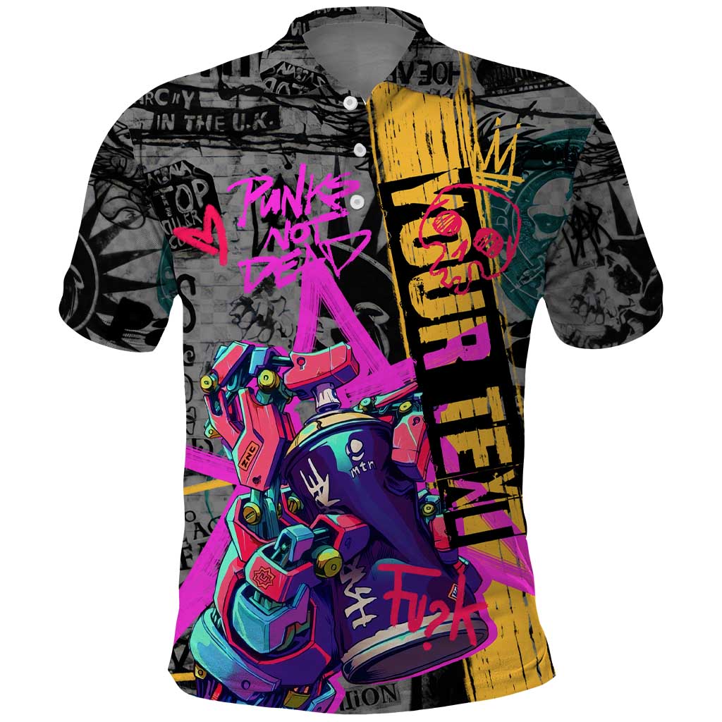 Punk Cheetah Graffiti Polo Shirt with Punk Not Dead Street Art and Neon Jungle Design TS04