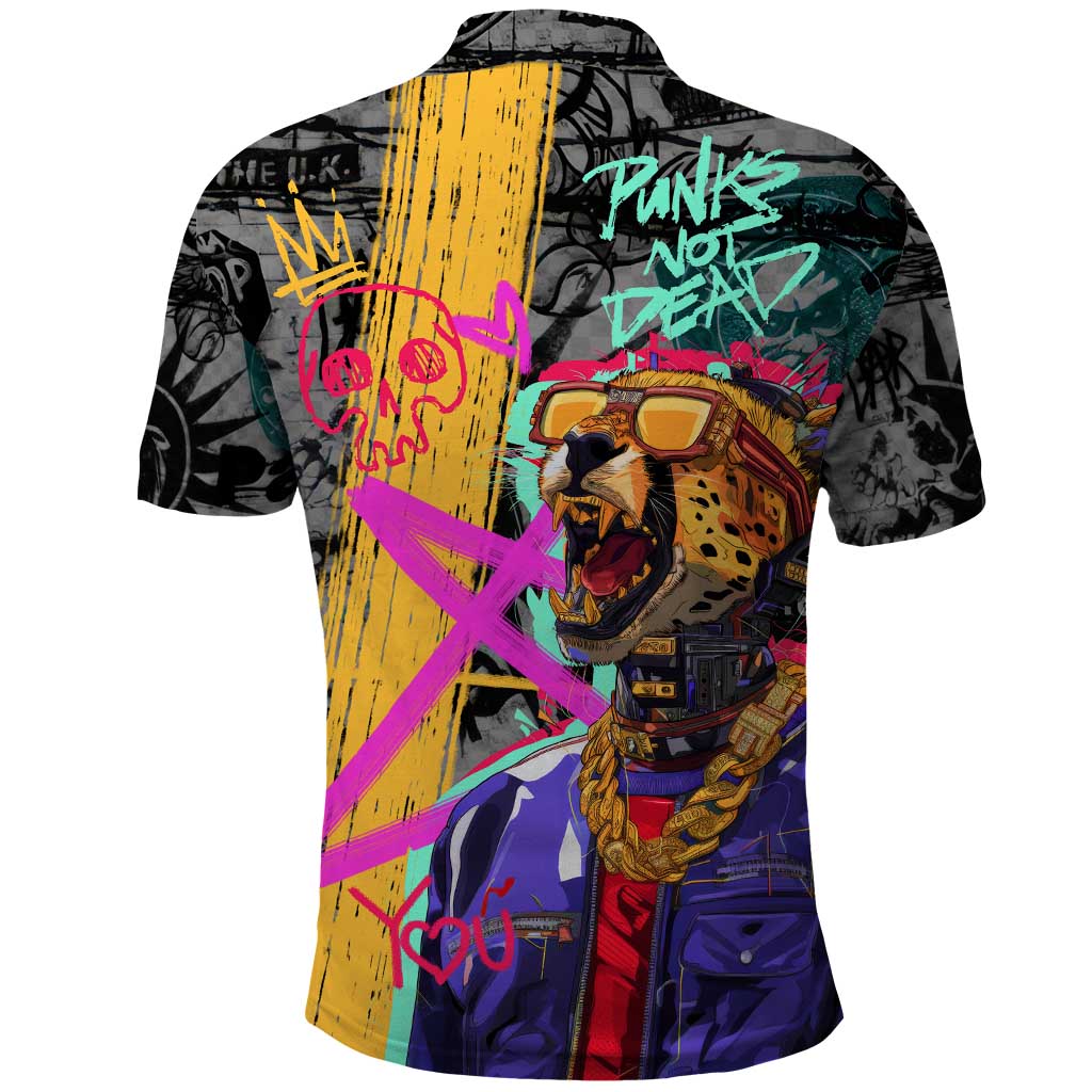 Punk Cheetah Graffiti Polo Shirt with Punk Not Dead Street Art and Neon Jungle Design TS04