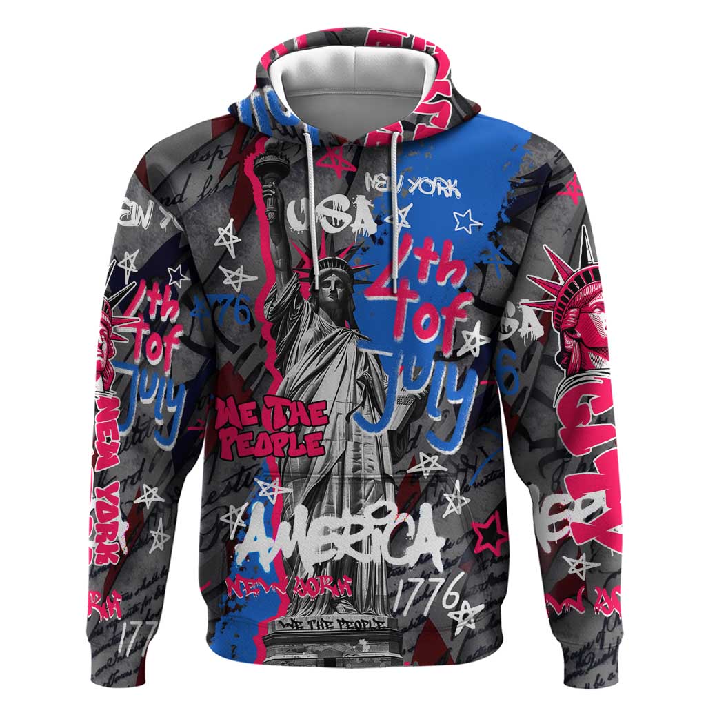 4th of July Graffiti Hoodie with Statue of Liberty and American Independence Street Art Design TS04
