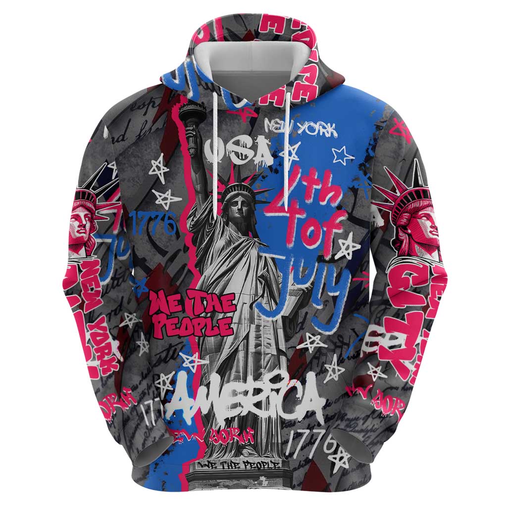 4th of July Graffiti Hoodie with Statue of Liberty and American Independence Street Art Design TS04