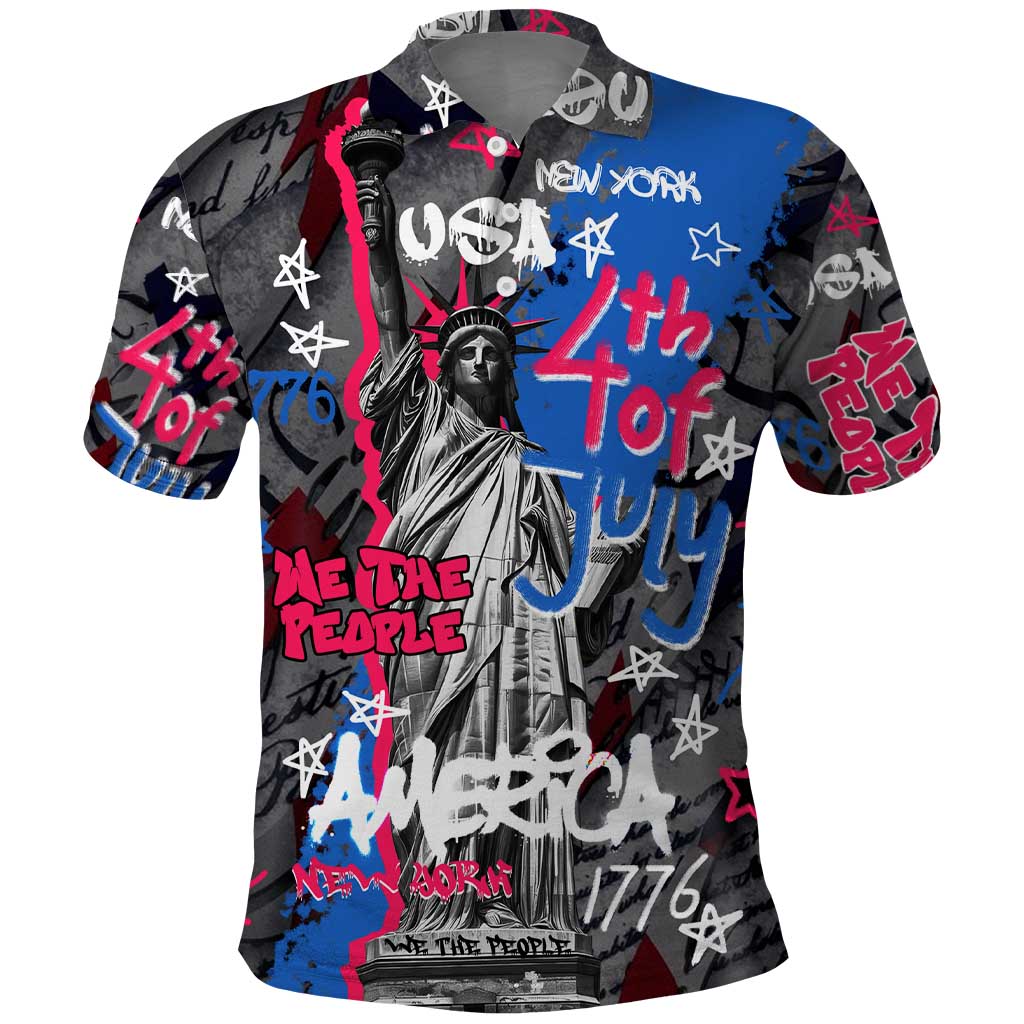 4th of July Graffiti Polo Shirt with Statue of Liberty and American Independence Street Art Design TS04