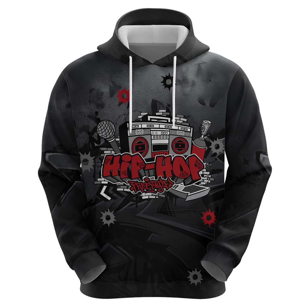 Hip Hop Streetwear Hoodie with Graffiti Boombox and Angel Bear Graphic in Urban Bullet Hole Design TS04