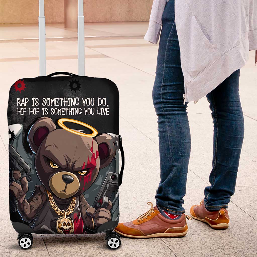 Hip Hop Streetwear Luggage Cover with Graffiti Boombox and Angel Bear Graphic in Urban Bullet Hole Design TS04