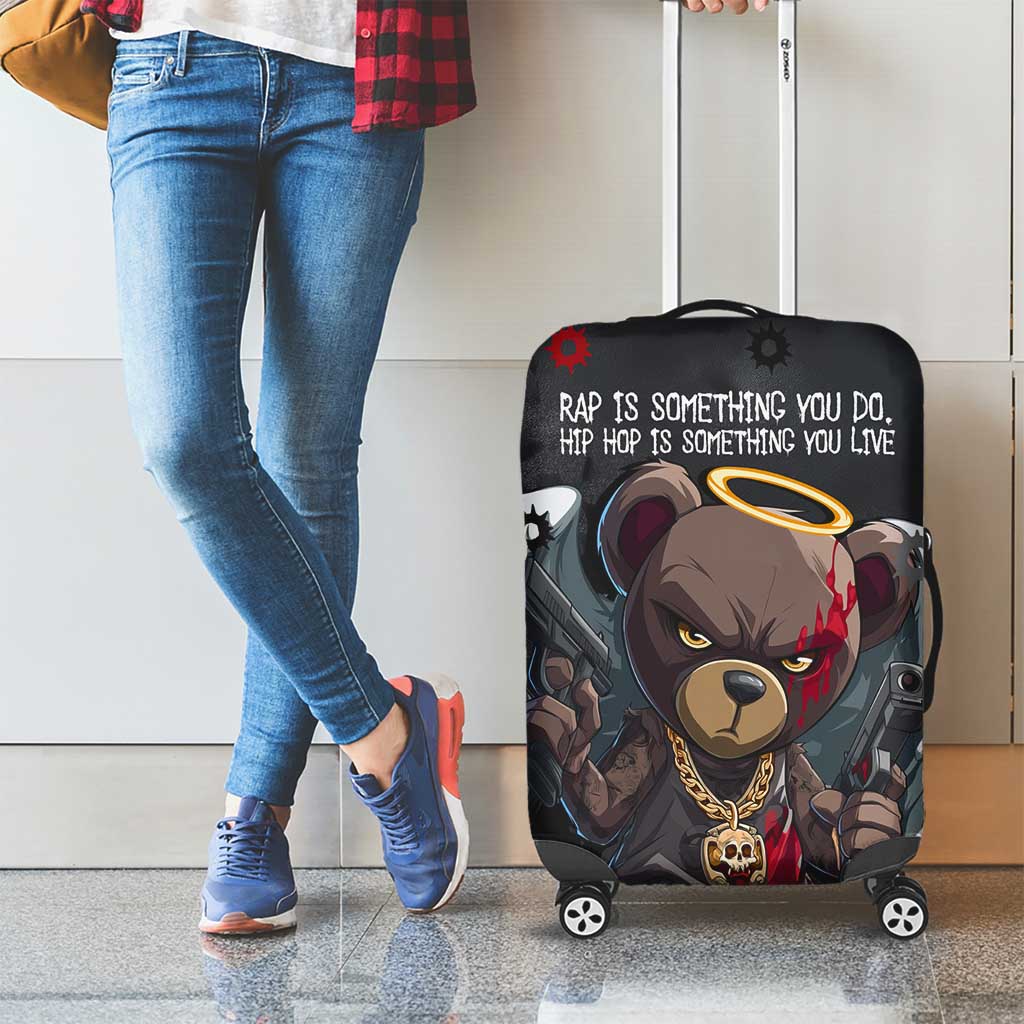 Hip Hop Streetwear Luggage Cover with Graffiti Boombox and Angel Bear Graphic in Urban Bullet Hole Design TS04