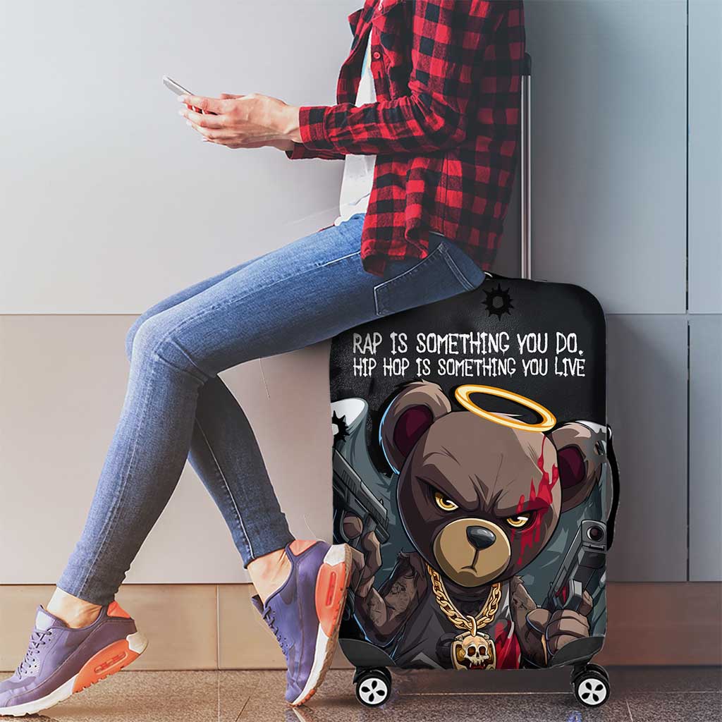 Hip Hop Streetwear Luggage Cover with Graffiti Boombox and Angel Bear Graphic in Urban Bullet Hole Design TS04
