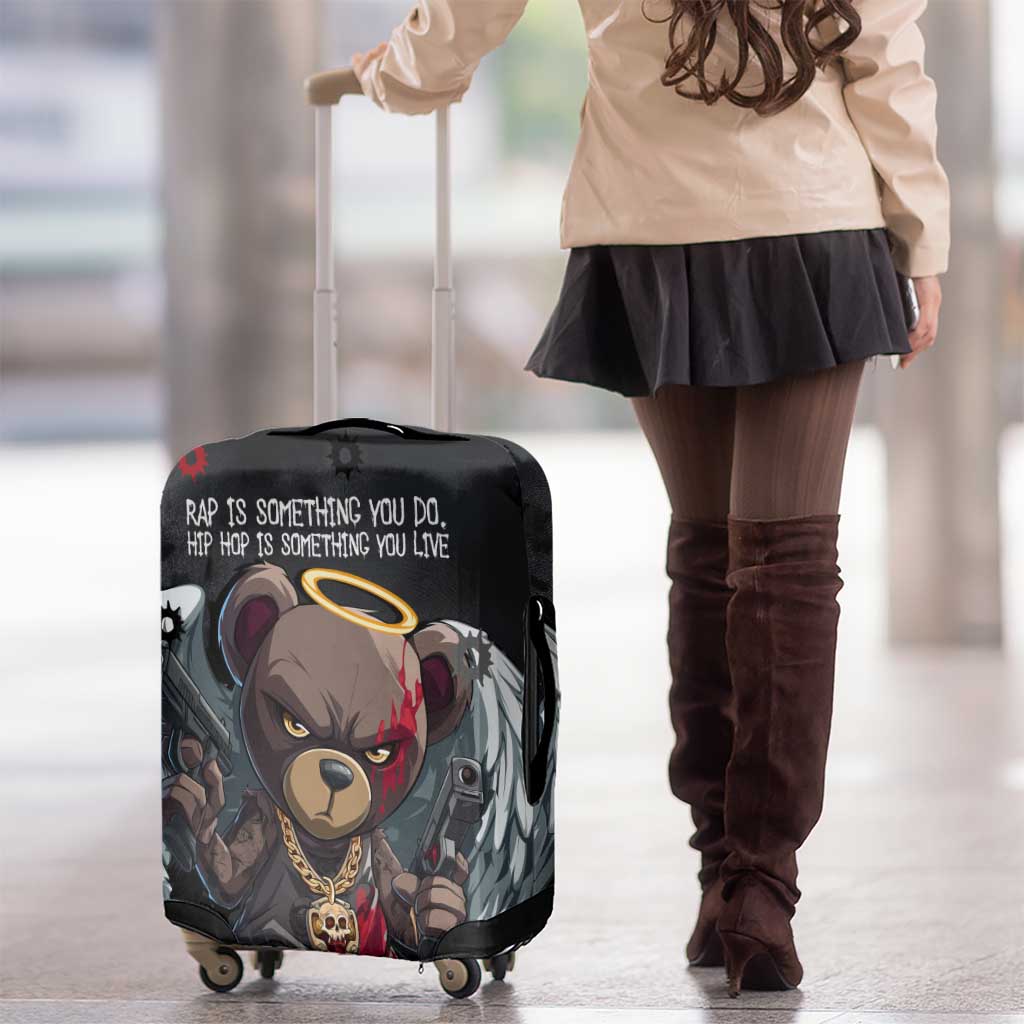 Hip Hop Streetwear Luggage Cover with Graffiti Boombox and Angel Bear Graphic in Urban Bullet Hole Design TS04