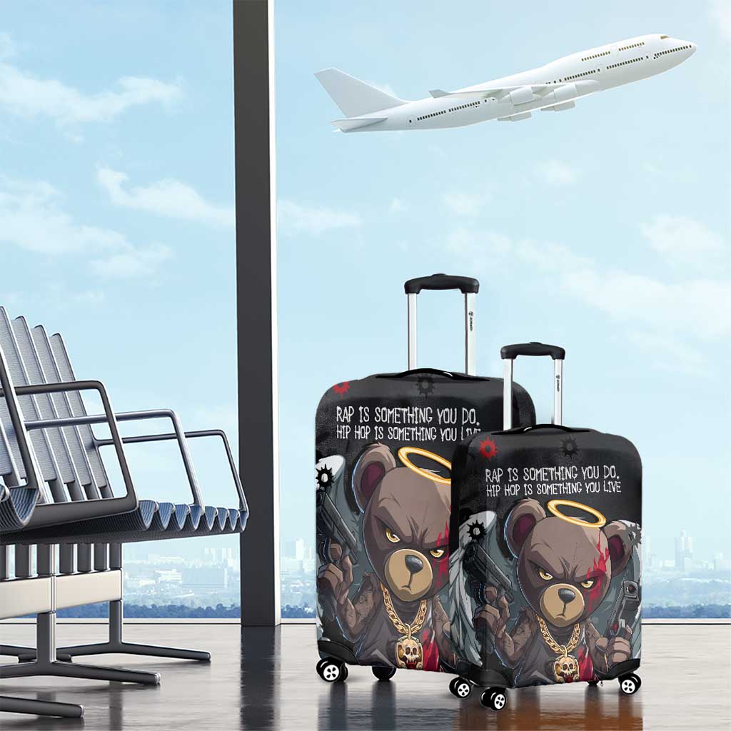 Hip Hop Streetwear Luggage Cover with Graffiti Boombox and Angel Bear Graphic in Urban Bullet Hole Design TS04