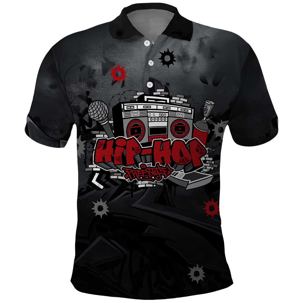 Hip Hop Streetwear Polo Shirt with Graffiti Boombox and Angel Bear Graphic in Urban Bullet Hole Design TS04