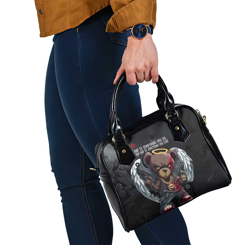 Hip Hop Streetwear Shoulder Handbag with Graffiti Boombox and Angel Bear Graphic in Urban Bullet Hole Design TS04