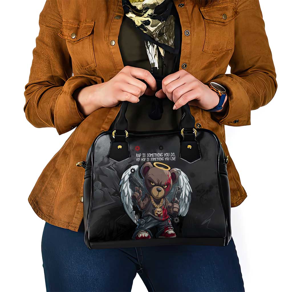 Hip Hop Streetwear Shoulder Handbag with Graffiti Boombox and Angel Bear Graphic in Urban Bullet Hole Design TS04