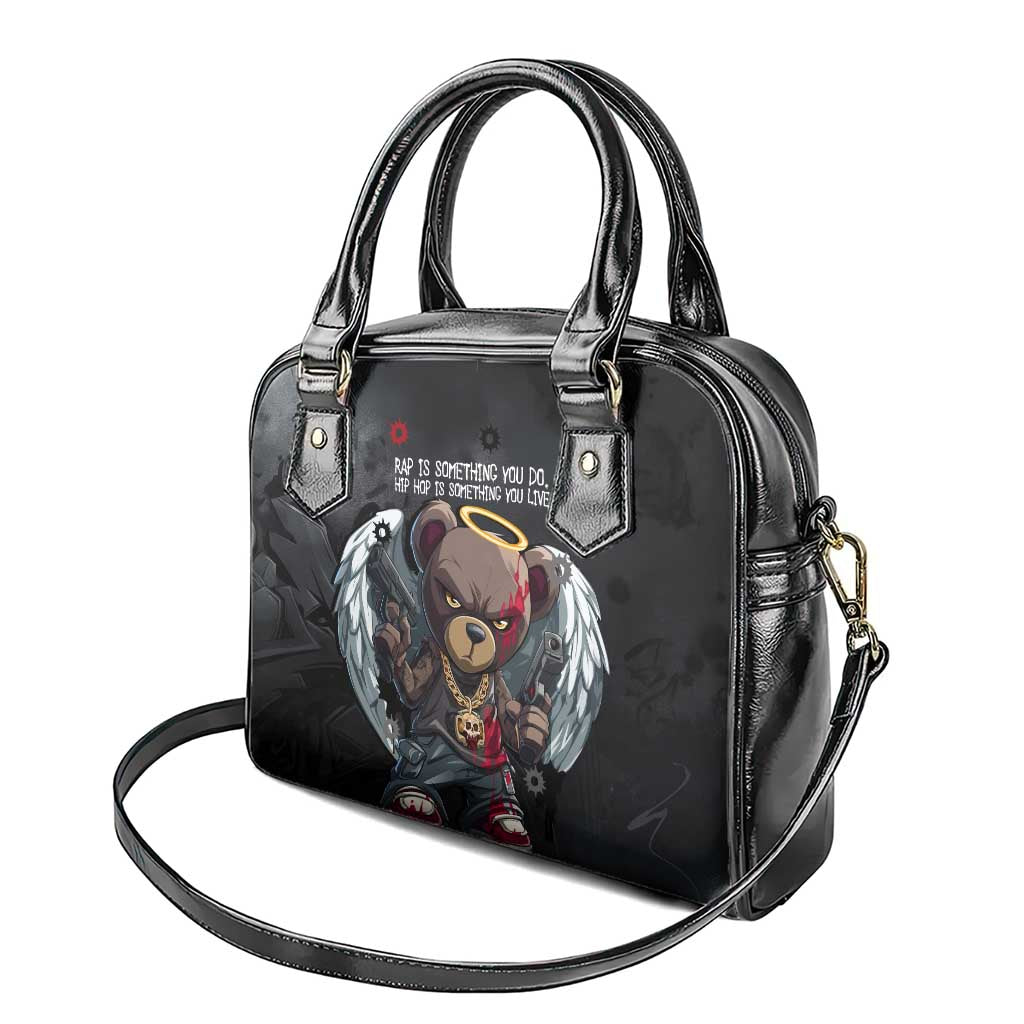 Hip Hop Streetwear Shoulder Handbag with Graffiti Boombox and Angel Bear Graphic in Urban Bullet Hole Design TS04