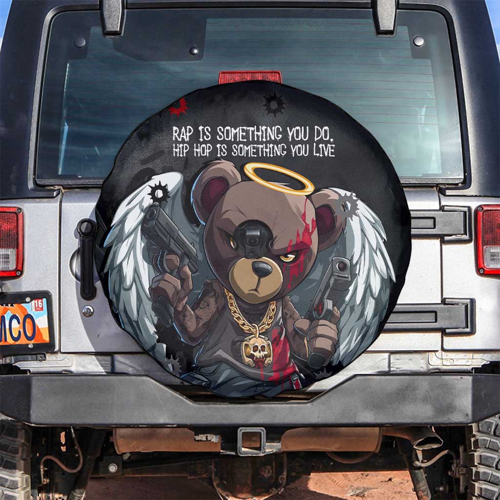 Hip Hop Streetwear Spare Tire Cover with Graffiti Boombox and Angel Bear Graphic in Urban Bullet Hole Design TS04