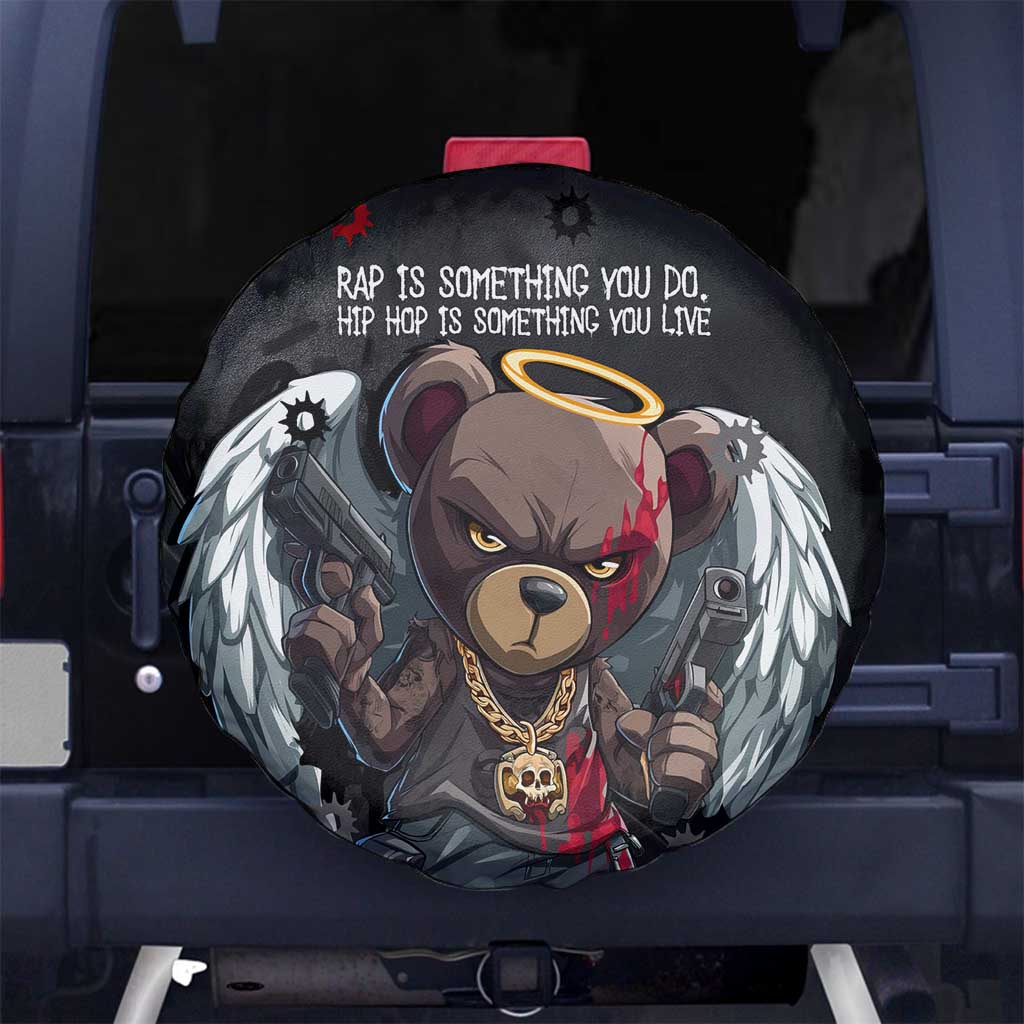 Hip Hop Streetwear Spare Tire Cover with Graffiti Boombox and Angel Bear Graphic in Urban Bullet Hole Design TS04