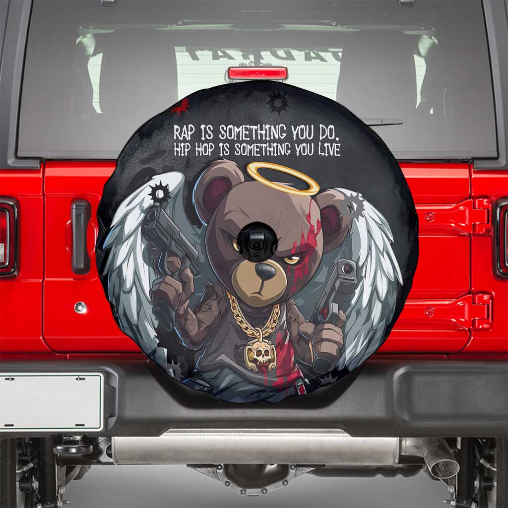 Hip Hop Streetwear Spare Tire Cover with Graffiti Boombox and Angel Bear Graphic in Urban Bullet Hole Design TS04