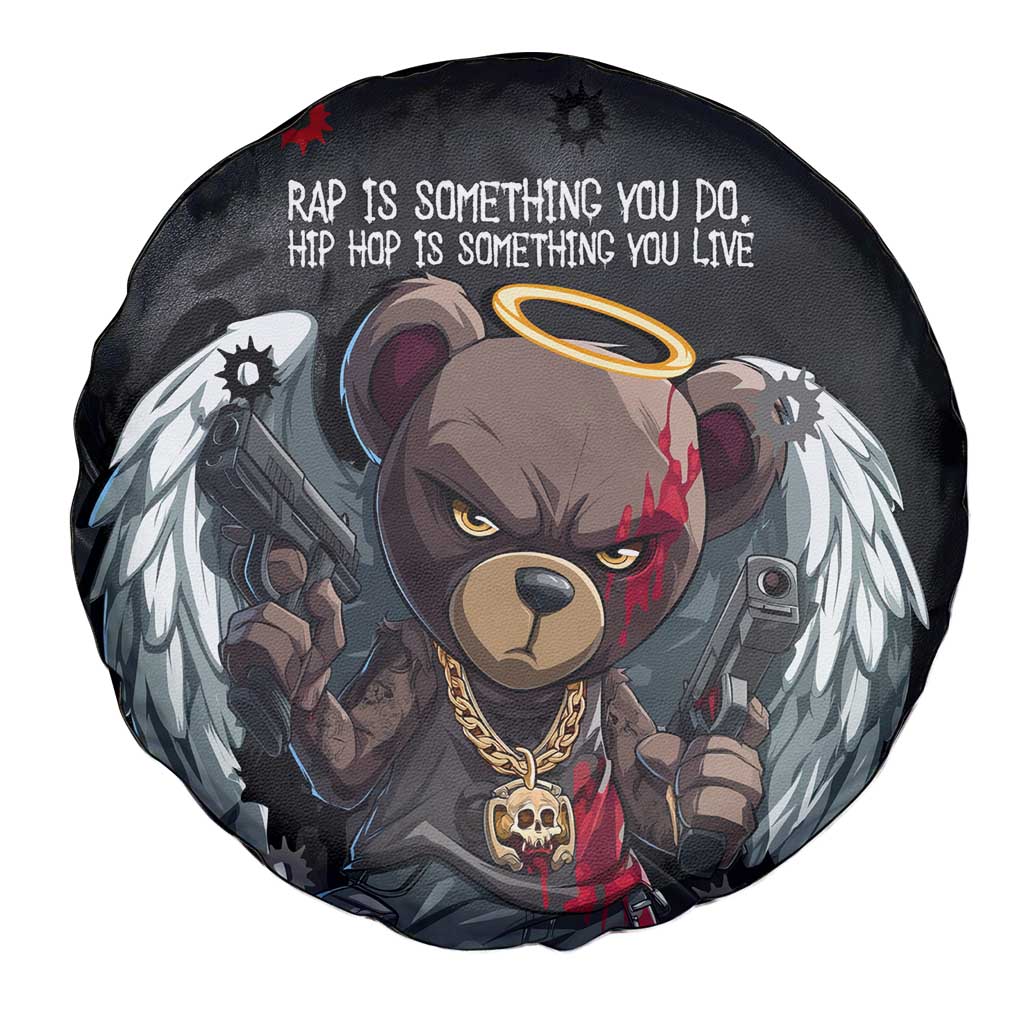 Hip Hop Streetwear Spare Tire Cover with Graffiti Boombox and Angel Bear Graphic in Urban Bullet Hole Design TS04