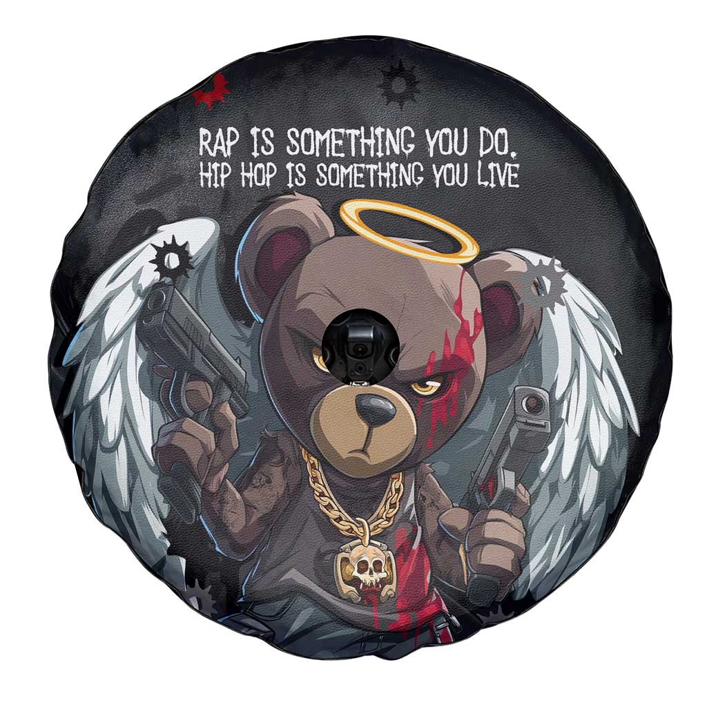 Hip Hop Streetwear Spare Tire Cover with Graffiti Boombox and Angel Bear Graphic in Urban Bullet Hole Design TS04